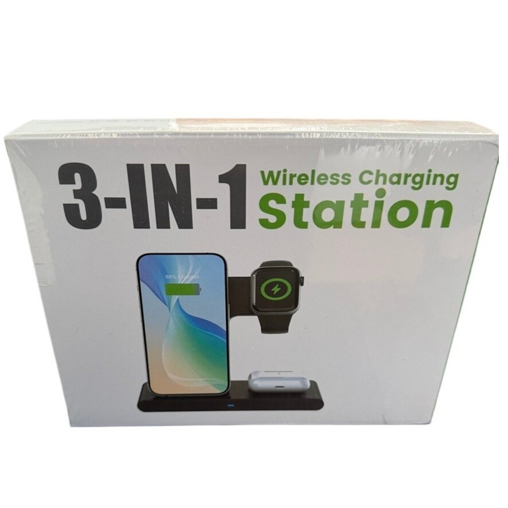 3-in-1 Wireless Charging Station Black Multi Device Dock Apple Android
